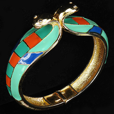 Hattie Carnegie Egyptian Revival Gold and Green Turquoise Red and Blue Enamel Double Snakes Heads Bangle Bracelet