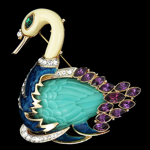 Hattie Carnegie Enamel Faux Turquoise and Ivory Swimming Swan with Amethyst Feathers Bird Pin