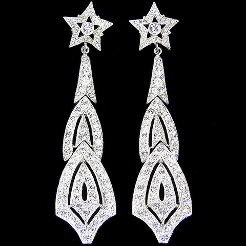 Hattie Carnegie Giant Openwork Pave Stars and Curved Chevrons Four Element Pendant Clip Earrings