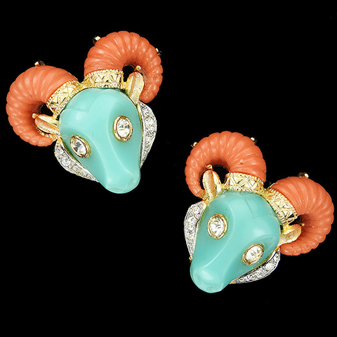 Hattie Carnegie Gold Pave Turquoise and Coral Ram's Head Clip Earrings