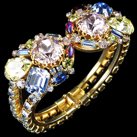 Alice Caviness Gold Blue Topaz and Multicolour Gems Opening Sprung Bangle Bracelet
