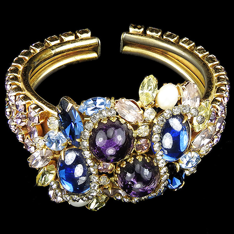 Hattie Carnegie Gold Amethyst Sapphire and Pearl Gemset Sprung Hinged Bangle Bracelet