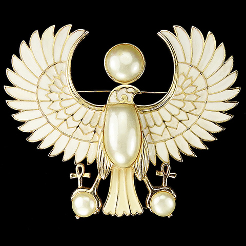 Hattie Carnegie Gold White Enamel and Pearl Giant Falcon with Sun Disc and Ankhs (Egyptian God Ra-Harakhte) Pin or Pendant