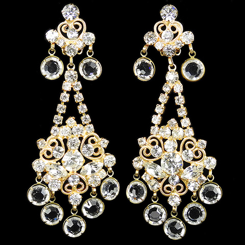 Vintage KJL Gold Scrolls Spangles and Openback Diamante Pendants Chandelier Clip Earrings