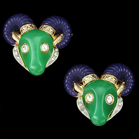 Hattie Carnegie Gold Pave Jade and Lapis Ram's Head Clip Earrings