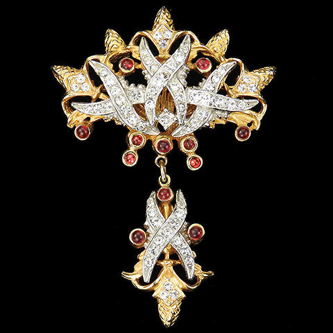 Hattie Carnegie Gold Pave and Ruby Cabochon Spangles Pineapple Coronet with Pendant Pin