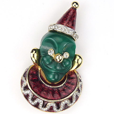 Hattie Carnegie Gold Pave and Enamel Jade Faced Circus Clown Pin