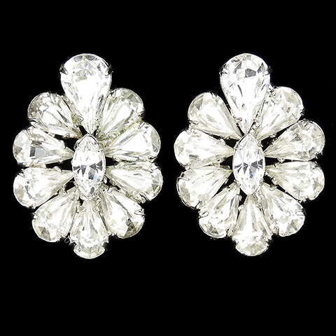 Alice Caviness (unsigned) Diamante Navettes Flower Button Clip Earrings