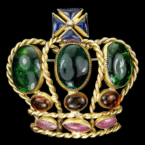 Hattie Carnegie Gold Openwork and Multicoloured Poured Glass Royal Crown Pin