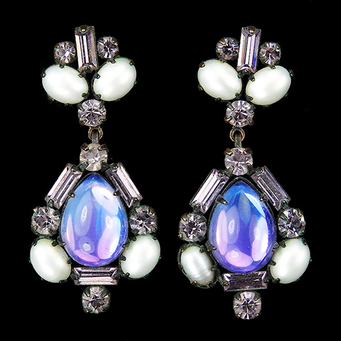 Hattie Carnegie Amethyst Aurora Borealis Iridescent Opal and Pearls Pendant Clip Earrings
