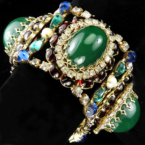 Hattie Carnegie Moghul Style Cushion Cut Sapphires Oriental Rubies Pearls and Oval Emerald Cabochons Wide Four Link Bracelet 
