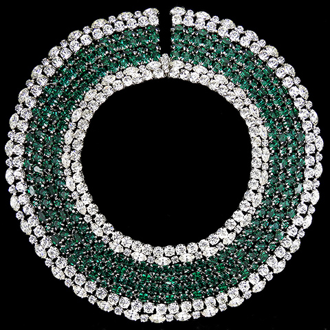 Hattie Carnegie (unsigned) Diamante and Emerald Bands Giant Circular Wide Collar Necklace