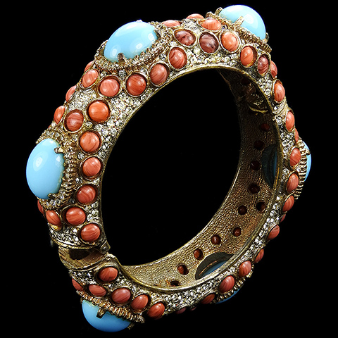 Vintage KJL Spangled Gold Coral and Turquoise Cabochons Bangle Bracelet