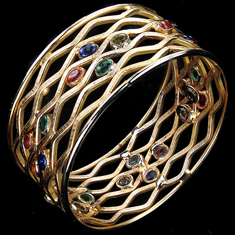 Hattie Carnegie Gold Openwork Lattice Waves and Multicoloured Poured Glass Accents Circular Bangle Bracelet