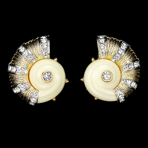 Hattie Carnegie Gold Pave and Faux Ivory Snail Shells or Seashells Clip Earrings