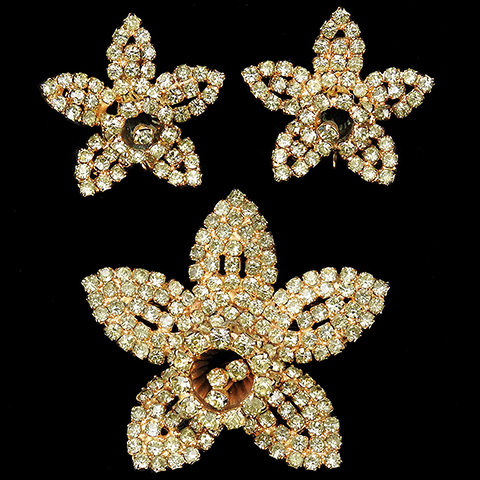 Hattie Carnegie Gold and Pave Citrine Daffodil Trembler Flower Pin and Clip Earrings Set