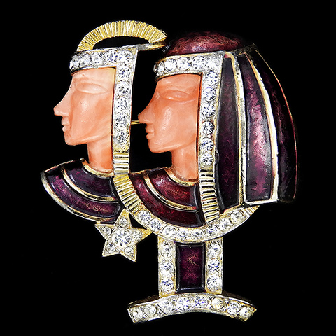 DeNicola Maroon Enamel and Angel Coral Gemini Astrological Zodiac Star Sign Pin