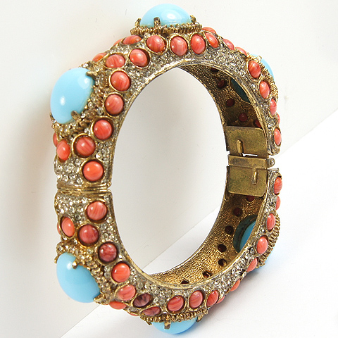 Vintage KJL Spangled Gold Coral and Turquoise Cabochons Bangle Bracelet