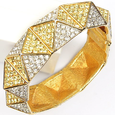Vintage KJL Gold and Pave Ten Sided Pyramids Sprung Bangle Bracelet