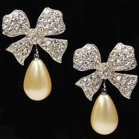 Kenneth Lane Pave Bow and Pendant Teardrop Pearl Clip Earrings