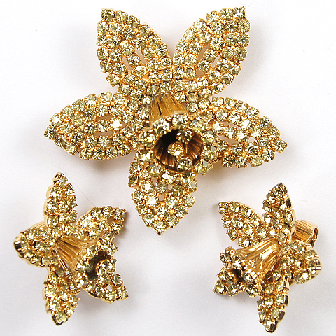 Hattie Carnegie Gold and Citrine Pave Orchid Pin and Clip Earrings Set