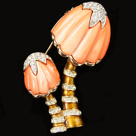 Hattie Carnegie Gold and Coral Double Mushrooms Pin