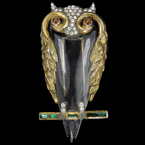 Gold and Pave Giant Jelly Belly Stylized Owl on a Branch Bird Pin Clip