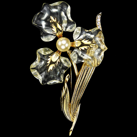 Gold Pave and Pearl 'Jewels of Fantasy' Giant Three Petalled Jelly Belly Flower Pin