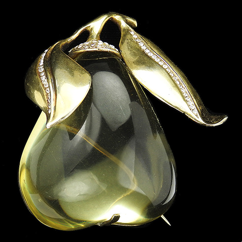 Sterling Jelly Belly Giant Yellow Pear with Gold Leaves Fruit Pin
