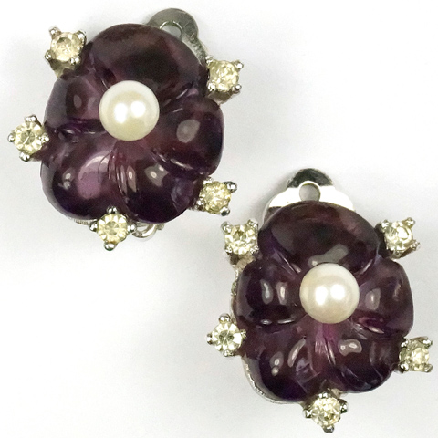 Jomaz Amethyst Poured Glass and Pearls Flower Button Clip Earrings