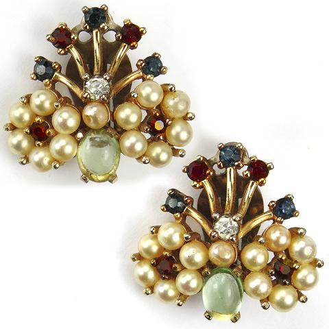 Jomaz Gold Ruby Sapphire Pearls and Peridot Cabcochon Flower Spray Clip Earrings
