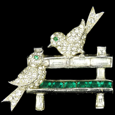 Jomaz Pave Love Birds on an Invisibly Set Emerald Park Bench Pin
