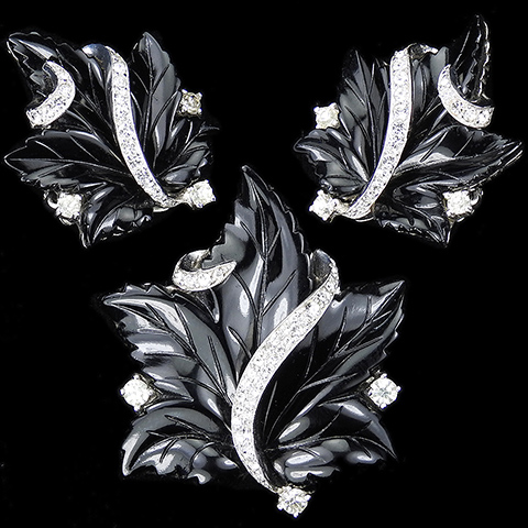 Jomaz Pave Swirls and Black Poured Glass Maple Leaves Pin and Clip Earrings Set