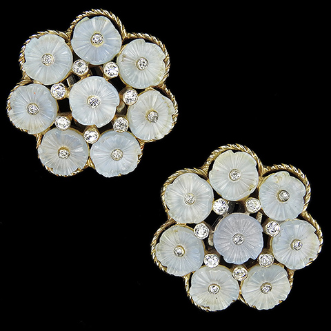 Jomaz Gold Openwork Spangled White Moonstone Fruit Salads Flower Clusters Button Clip Earrings
