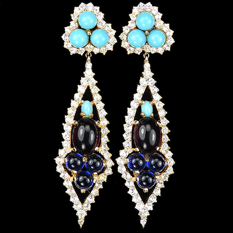 Jomaz Moghul Jewels of India Style Gold Pave Turquoise Amethyst and Sapphire Cabcohons Giant Pendant Clip Earrings