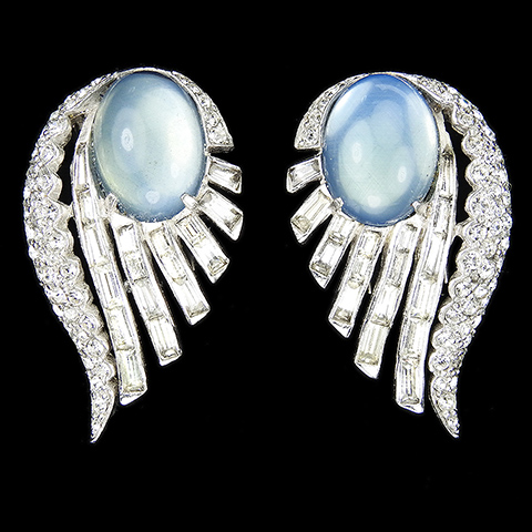 Jomaz Matched Pair of Deco Style Pave Baguettes and Moonstone Cabochons Swirl Pin Clips