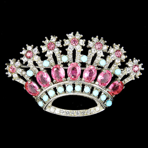 Jomaz (unsigned) Pave Pink Topaz and Turquoise Royal Crown Pin