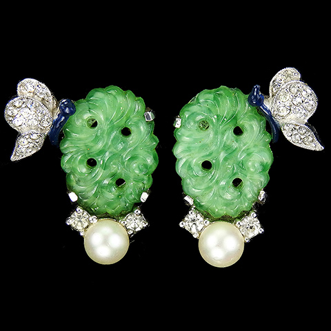 Jomaz Pave Pearl and Enamel Butterfly on a Jade Fruit Clip Earrings