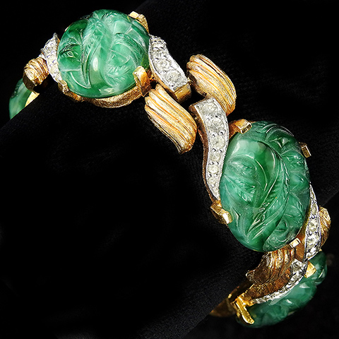 Jomaz (unsigned) Gold and Pave Waves Five Jade Ovals Link Bracelet