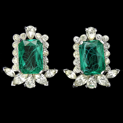 Jomaz Pave and Diamante Navettes Table Cut Flawed Emeralds Clip Earrings