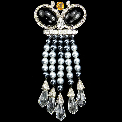 Jomaz Onyx Cabochons Grey Pearls and Crystals Royal Crown with Tassels Pin