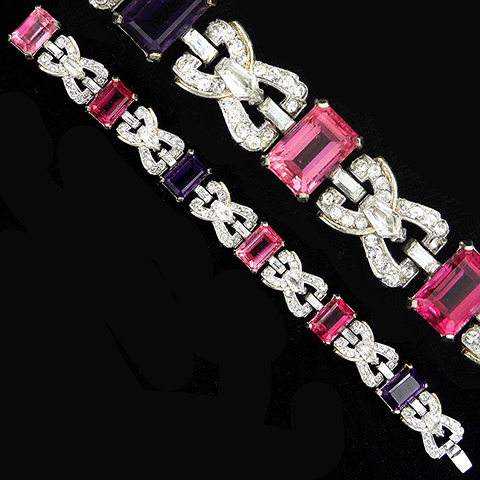 Mazer Pave Interlinked Bows and Square Cut Amethysts Burmese Rubies and Pink Topaz Link Bracelet