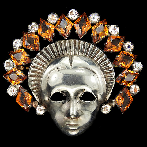 Mazer Sterling Lady with Diamante Spangles and Diamond Shaped Topaz Headdress Face Mask Pin