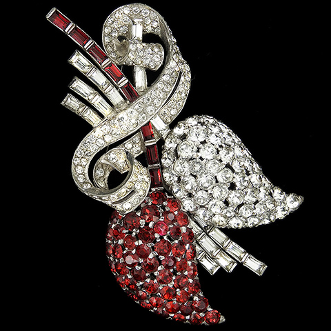 Mazer Ruby and Diamante Pave and Baguettes Deco Bowknot Scrolls Two Fruits on a Branch Floral Spray Pin 