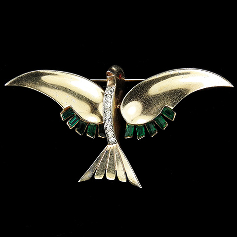 Mazer Sterling Gold Pave and Emerald Baguettes Stylized Flying Bird Pin
