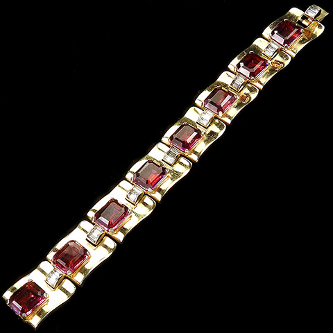 Mazer Gold Waves Diamante Baguettes and Oblong Cut Rubies Eight Link Bracelet