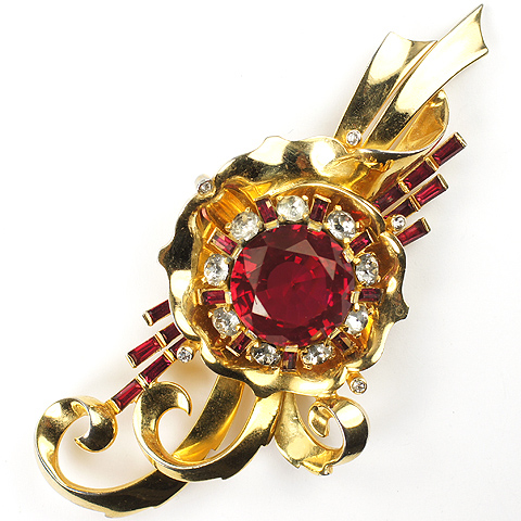 Mazer Gold Diamante and Rubies Deco Flower with Swirls Pin