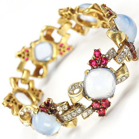 Mazer Sterling Cushion Cut Blue Moonstones, Rubies and Golden Bows Bracelet