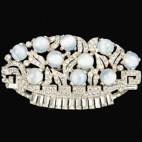 Mazer Blue Moonstone Cabochons Pave and Baguettes Deco Flower Basket Pin