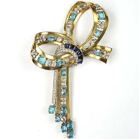 Mazer Sterling Gold Aqua and Invisibly Set Sapphire Deco Bow Swirl Pin